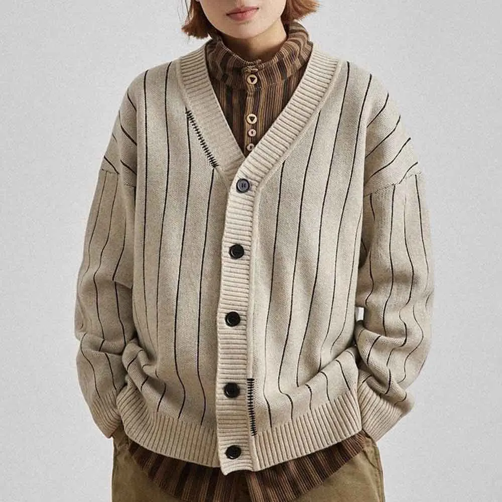 

2025 Winter New Men's Striped Long-Sleeve Cardigan Sweater American Retro Fashion Trend High Street Loose Casual Men's Top