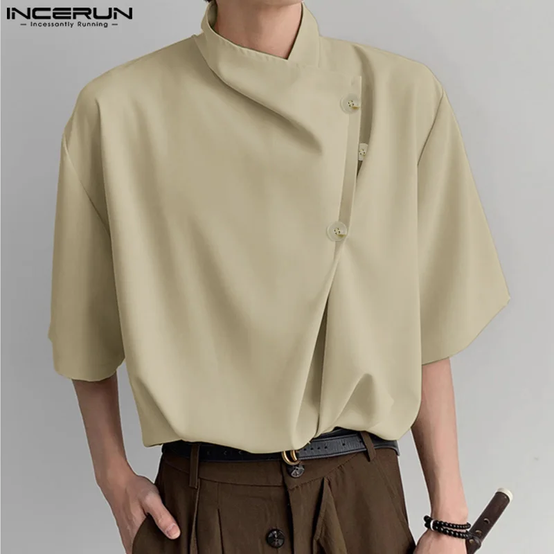 

INCERUN Tops 2024 Korean Style New Men's Loose Irregular Button Design Shirts Casual Streetwear Solid Short Sleeved Blouse S-5XL