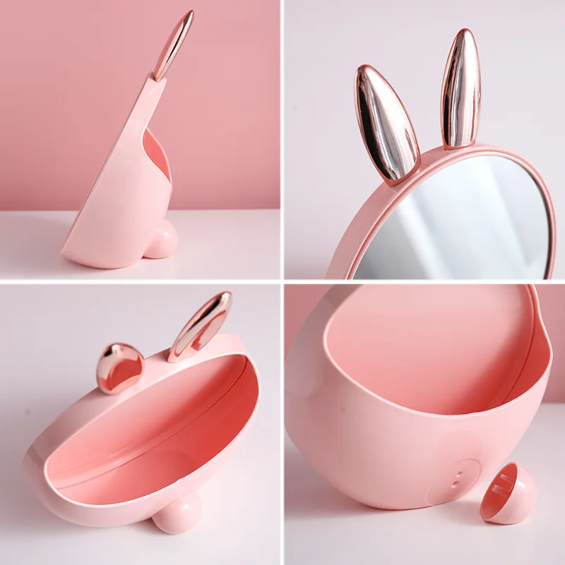 CASBathroom-Miroir de maquillage rond avec boîte de rangement cosmétique, design d'oreille de lapin mignon, miroir debout créatif avec brosse, U29