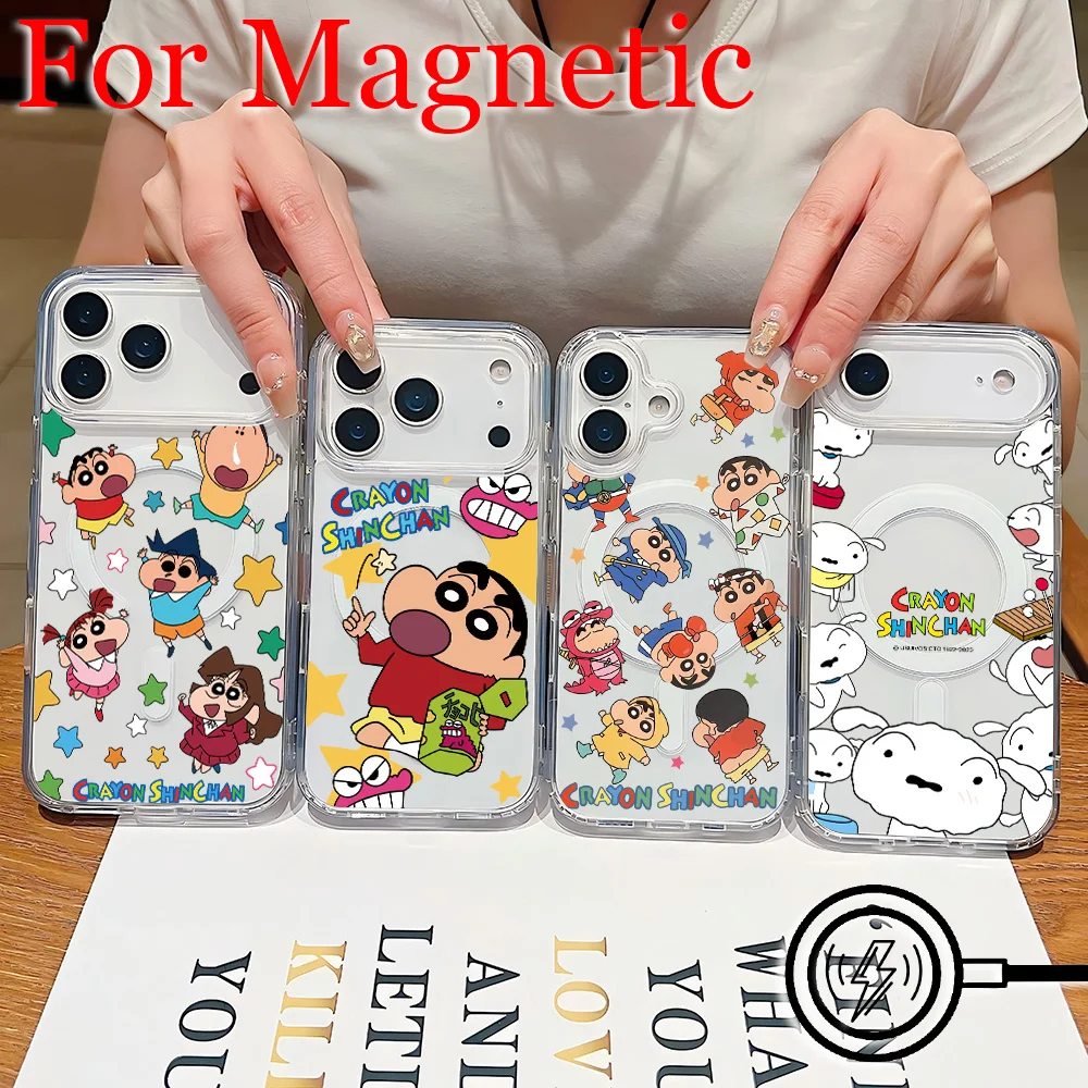 Coque de téléphone magnétique mignonne pour Crayons Shinchans iPhone 17 16 15 14 13 12 11 8 7 Air Plus Pro Max X XR XSMax, en TPU souple et transparent