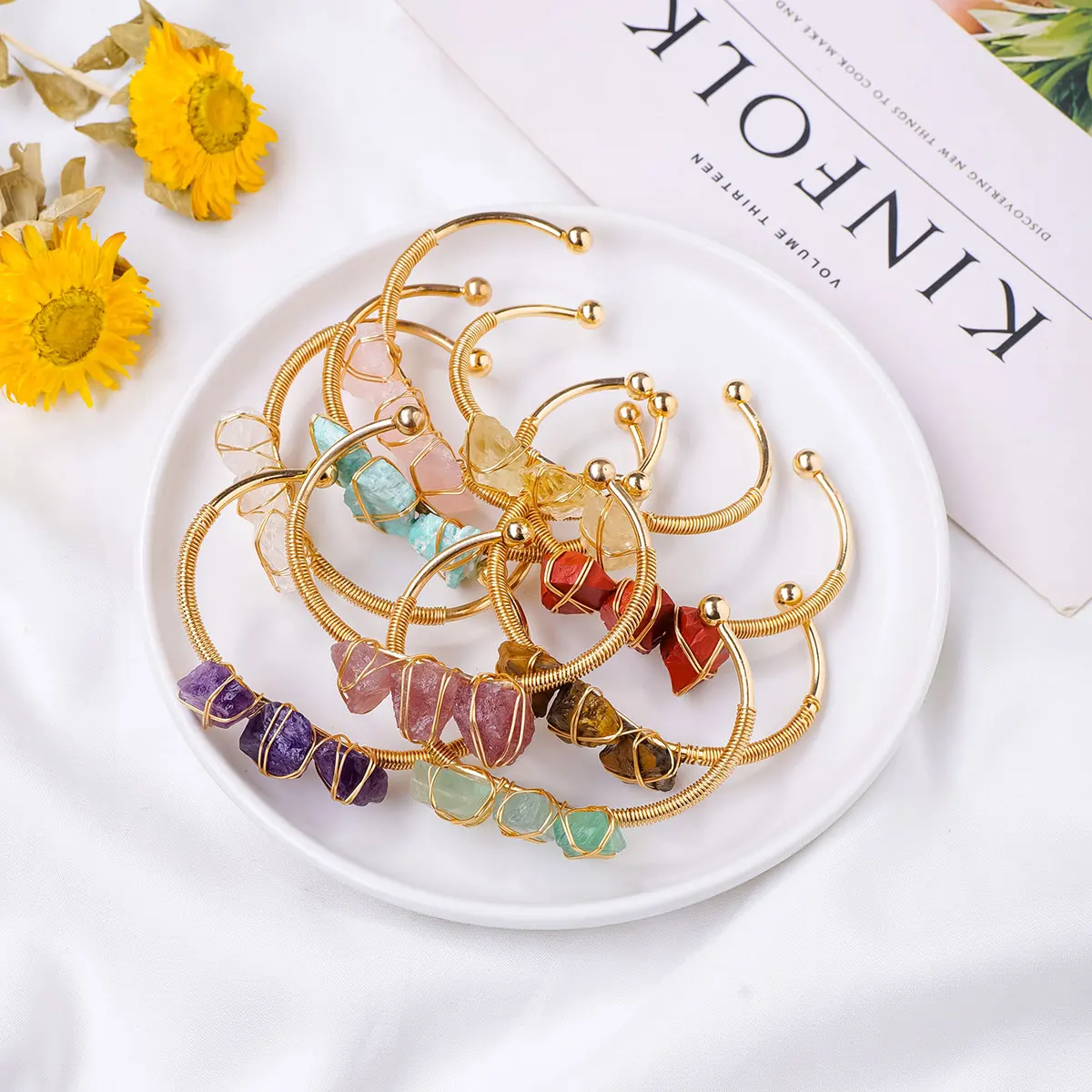 1PC Natural Crystal Lrregular Rough Raw Stone Bracelet Hand Woven Copper Wire Open Bracelet Jewelry Making For Women Jewelry