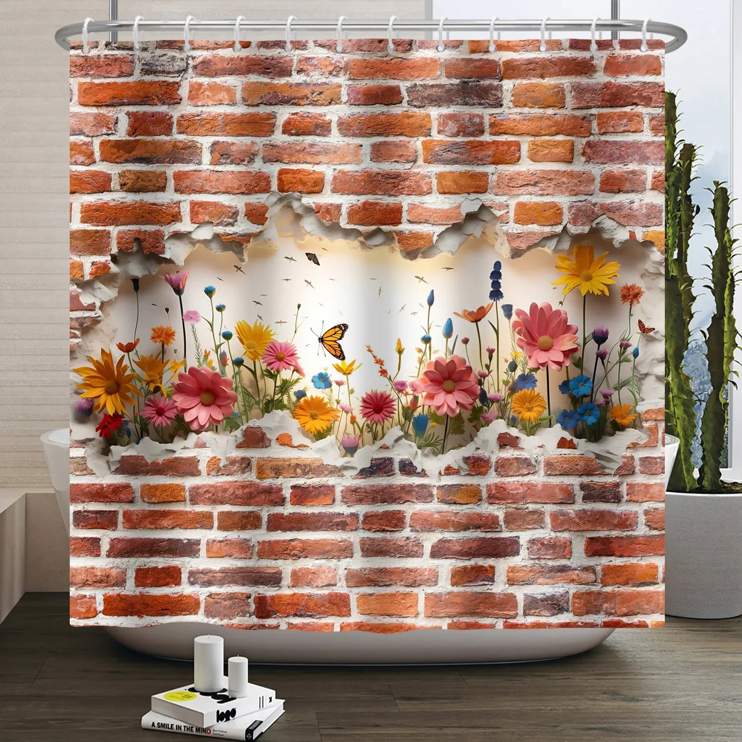 Brick Wall Shower Curtain 3D Printing Floral Rustic Broken Red Brick Wall Scene Bath Curtain for Bathroom House Decor 180x240