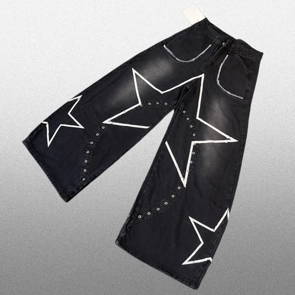 Ripped Rivet Five Pointed Star Graffiti Baggy Jeans Men and Women High Waist Wide Leg Trousers Hip Hop Casual Dance Denim Pants