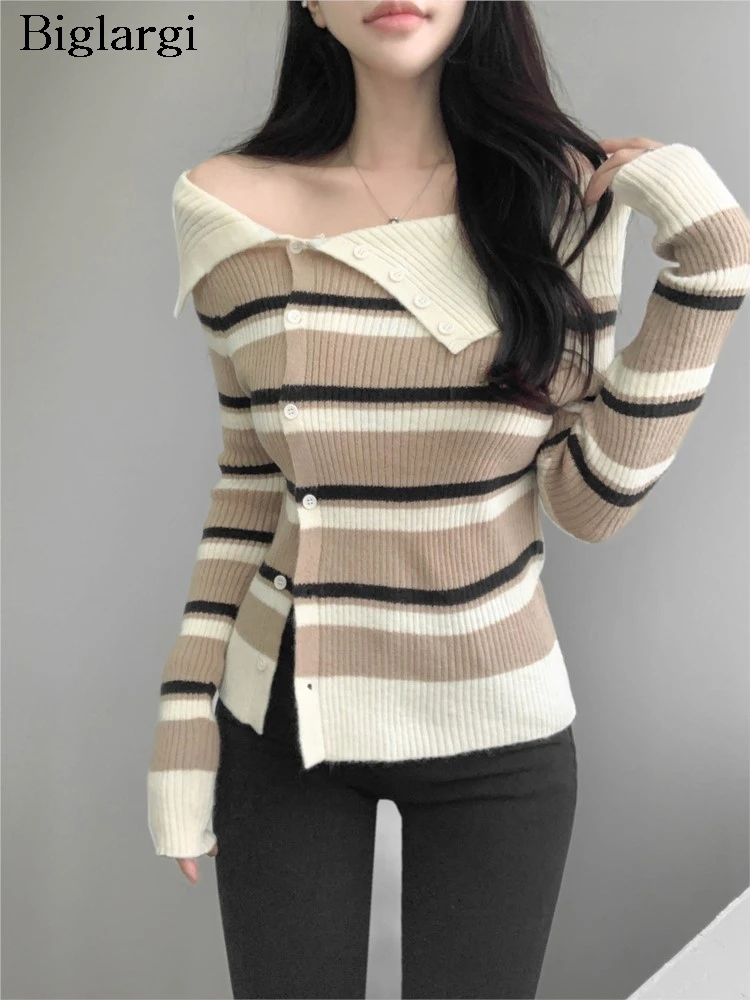 

Striped Knitted Sweater Women Fashion Sexy Slim Off Shoulder Jumper Ladies Tops Sweaters Korean Style Woman Knit Pullover