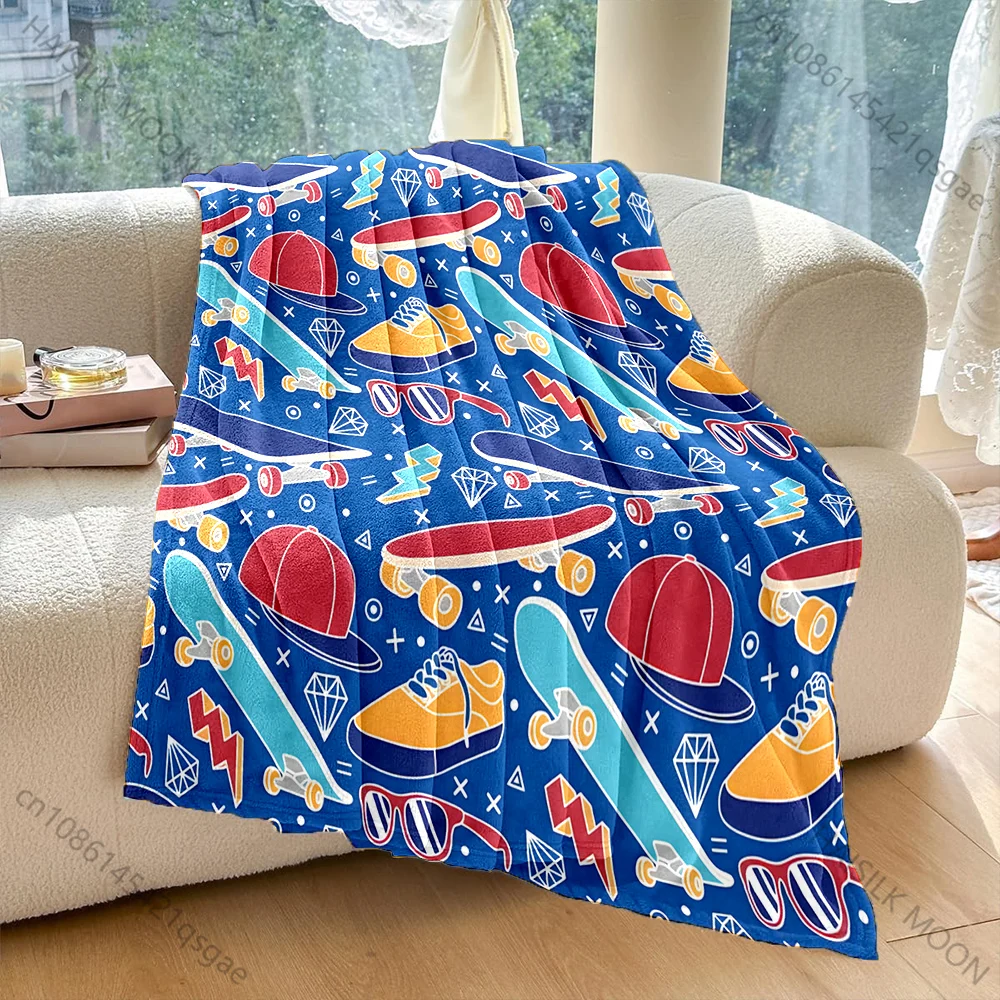 Multi-size Skateboard Hats and Shoes Pattern Blanket Flannel Material Soft Warm for All Seasons Home Outdoor Camping Picnics RV
