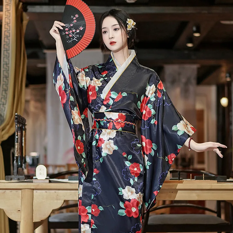 Japanese Traditional Yukata Kimono With Obi Vintage Women Evening Dress Geisha Kimono Vintage Women Stage Show Costume Cosplay