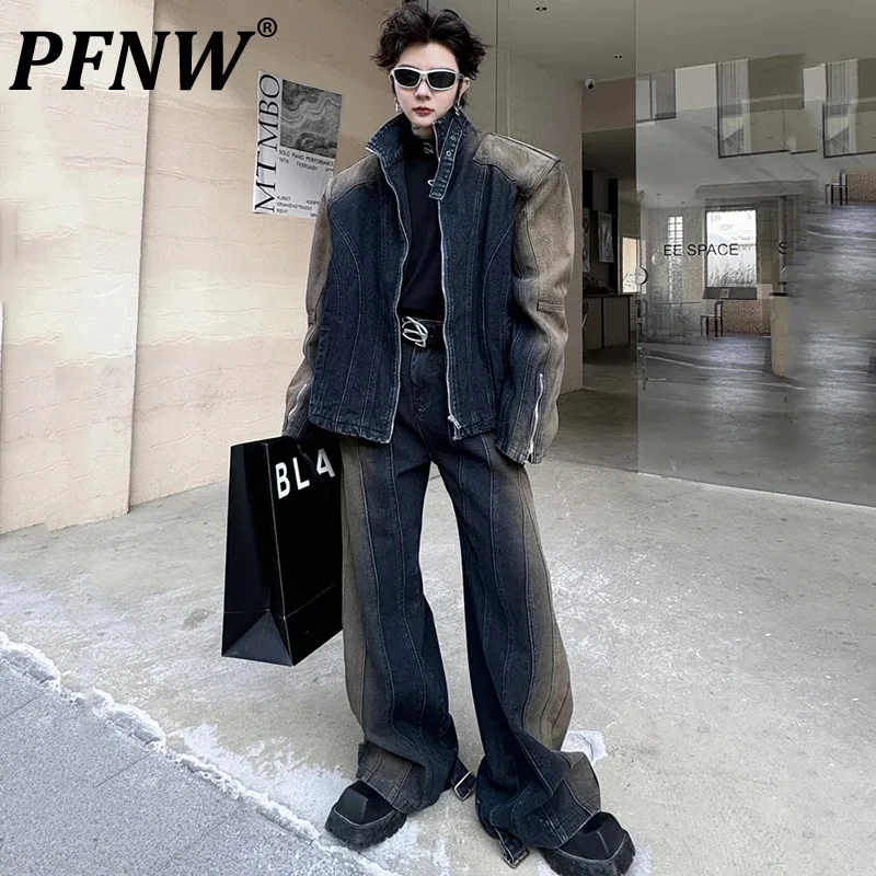 PFNW Washed Gradient Color Men's Denim Sets Worn Out Pleated Stand Collar Male Jackets Retro Men Wide Leg Jeans Summer 9C4158