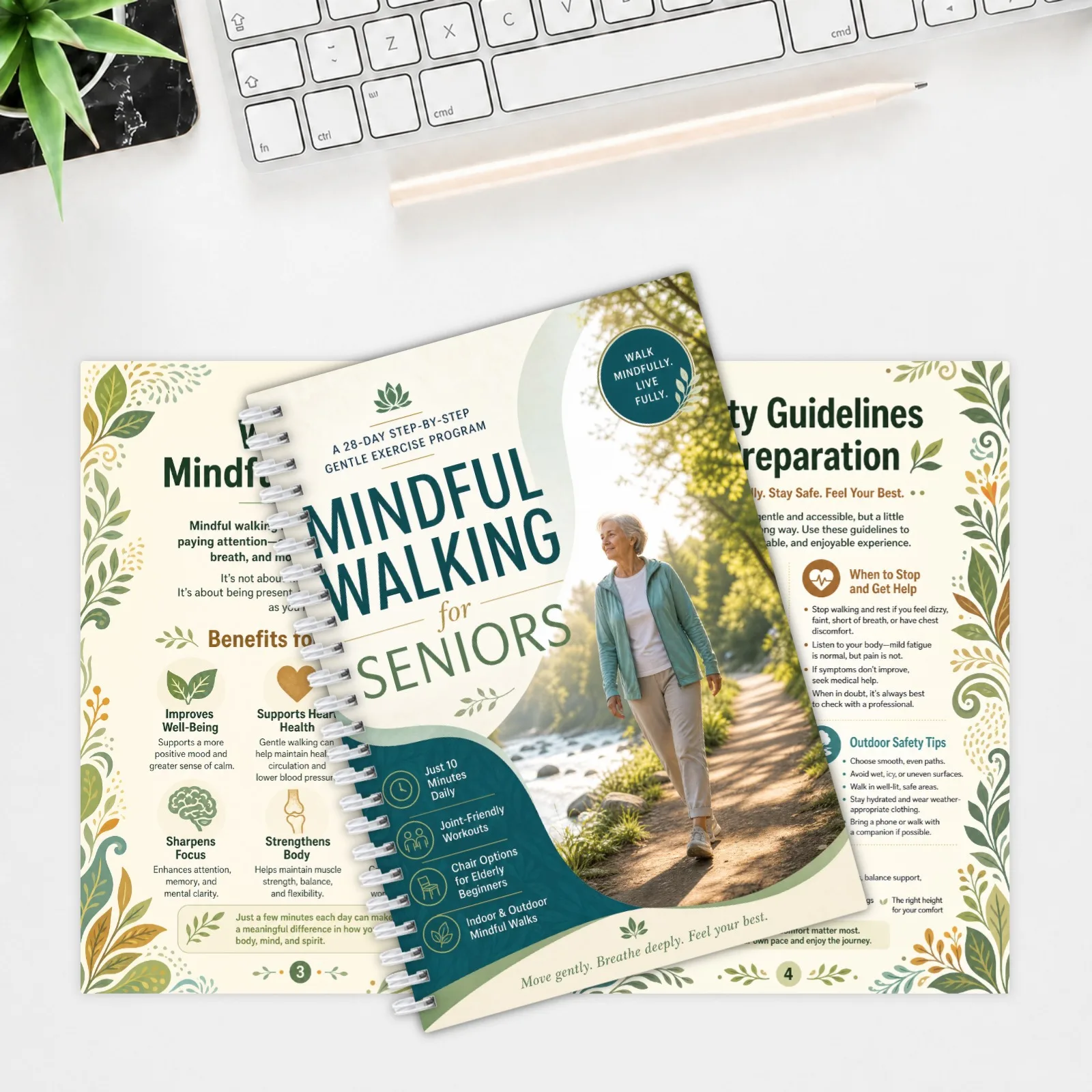 28 Pages Mindful Walking Manual for Elderly, Progressive Gentle Exercise, Indoor Outdoor Walking Record for Daily Fitness