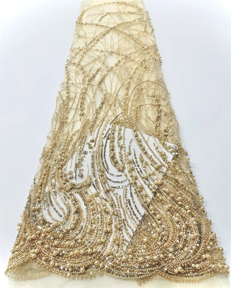 High Quality African Nigerian Net Lace Fabric With Sequins Handmade Heavy Beaded Lace Cloth Prom Dresses Beads 5 Yards