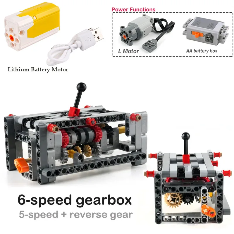 Tecnología de caja de cambios de 6 velocidades, piezas de bloques de construcción, 5 velocidades + engranajes diferenciales de marcha atrás, Compatible con accionamiento de Motor, juguetes de ladrillos MOC