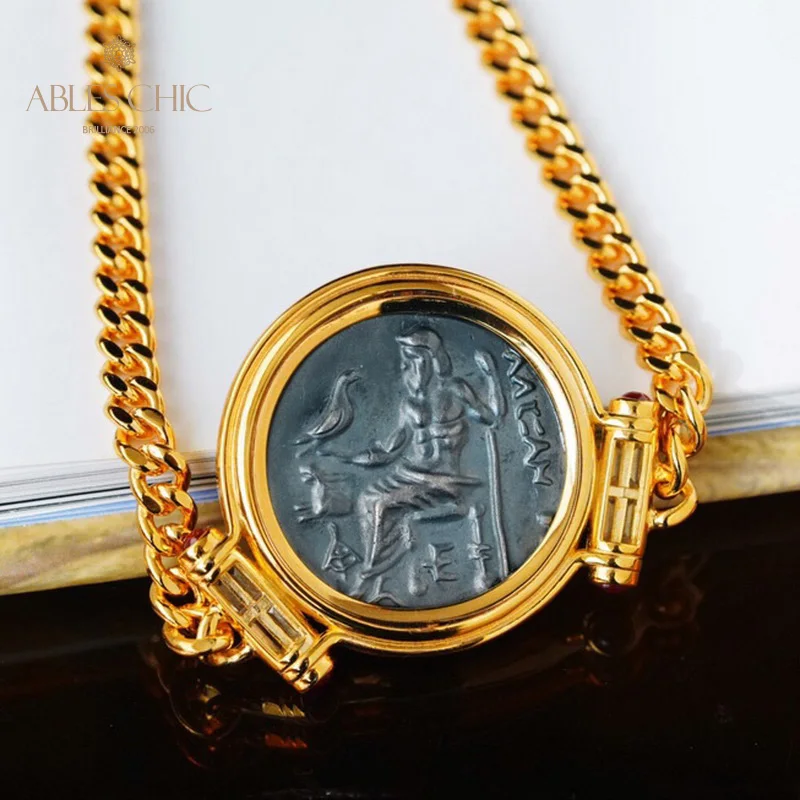 Ables Chic Byzantine Solid 925 Silver Greek Antique Coin Pendant Roman Sculptures 5A CZ Necklaces C11N3S26043