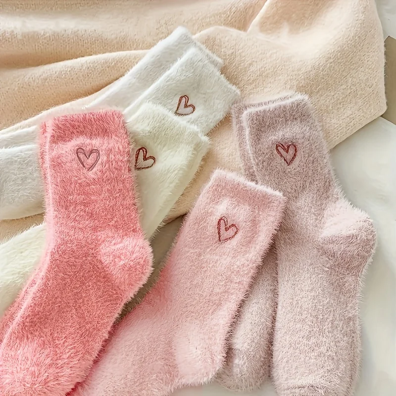 5 Paar Damen-Socken aus dickem Nerz-Kaschmir mit rosa Herz-Stickerei, warm, knöchelhoch, Herbst-Winter-Haussocken – Detail 6