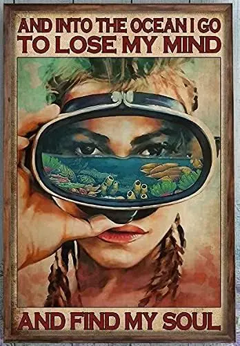 Scuba Diver Metal Tin Sign Poster, Enter The Ocean, The World in The Diving Goggles Chic Summer Art Ocean Lovers Interestin sign