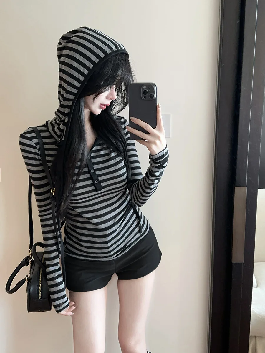 GG Korean Striped Hooded Sweatshirt for Women Spring Autumn New Bottoming Tops Vintage Subcultural Long Sleeve Pullovers