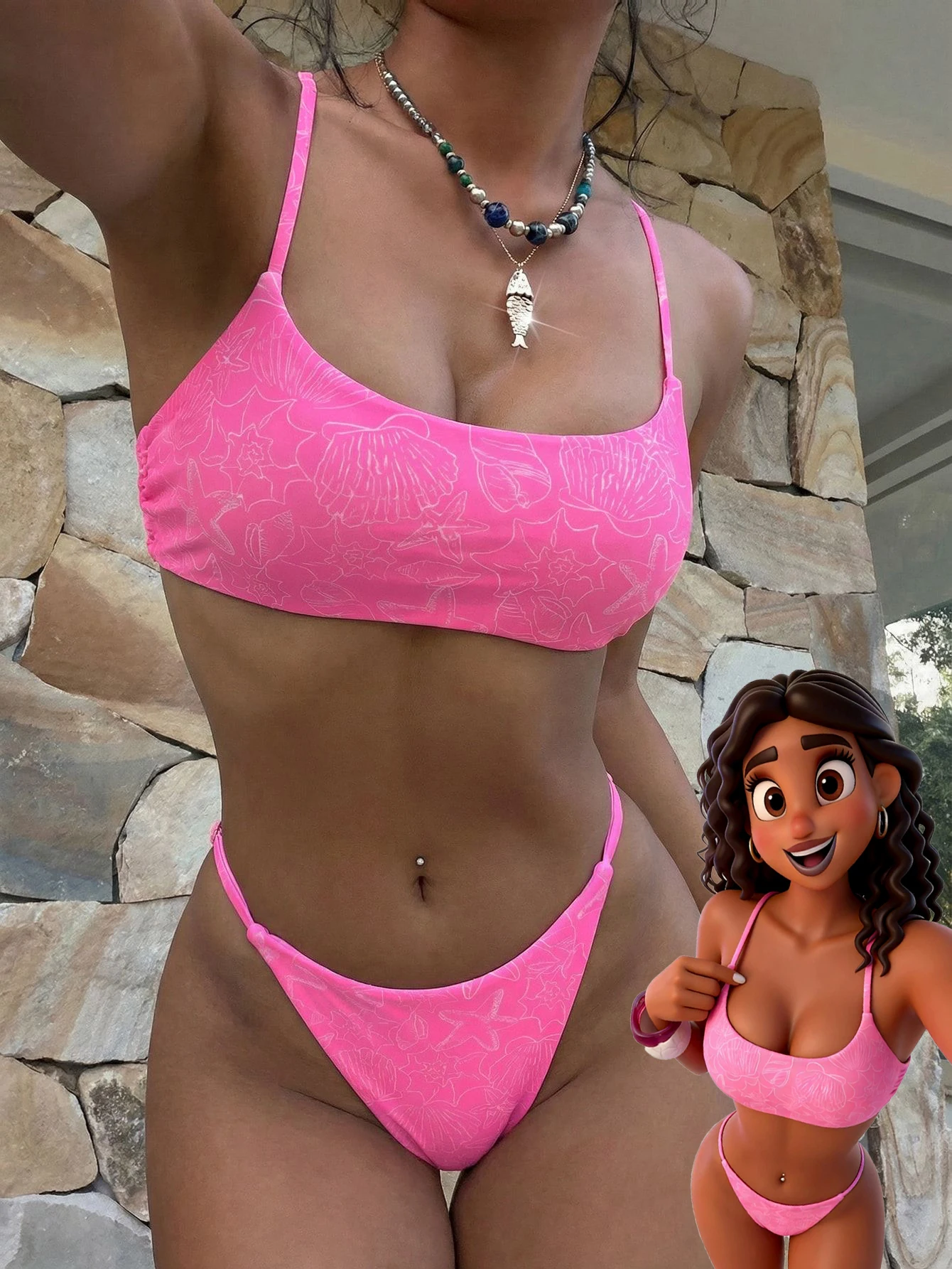 

Vibrant Pink Seashell Pattern Bikini Set: Adjustable Thin Strap Top And Low-Rise Thong Bottom For Summer Beachwear 2026