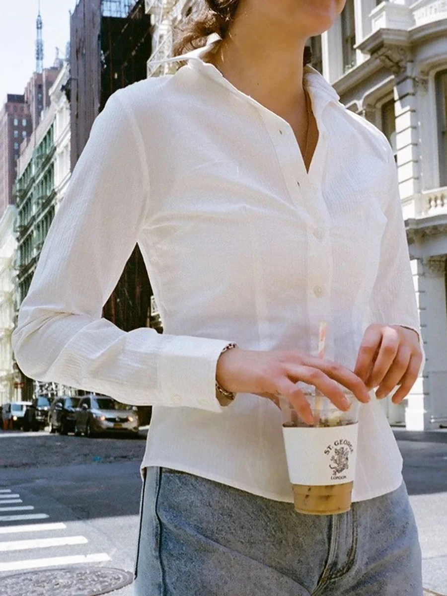 

Harajuku White Striped Slim Long Sleeve Tee Women Autumn New Turn-down Collar Irregular Hem Tops Female Sweet Y2K Cute T-shirts