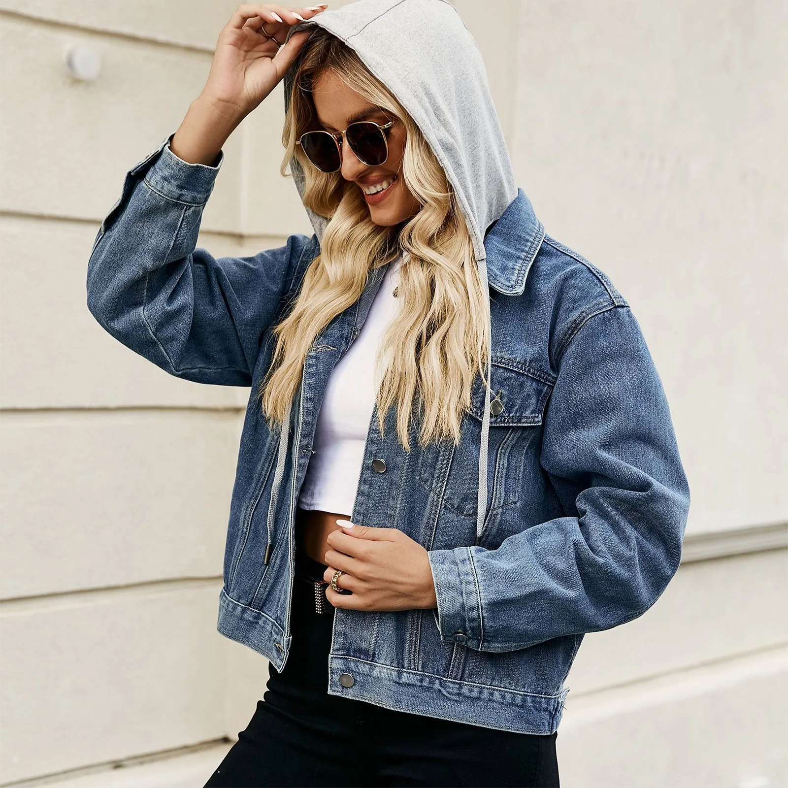 

Denim Women'S Jacket Autumn/Winter Style Hooded Sweatshirt Jacket Cropped Loose-Fit Versatile Tweed Jacket Top For Ladies