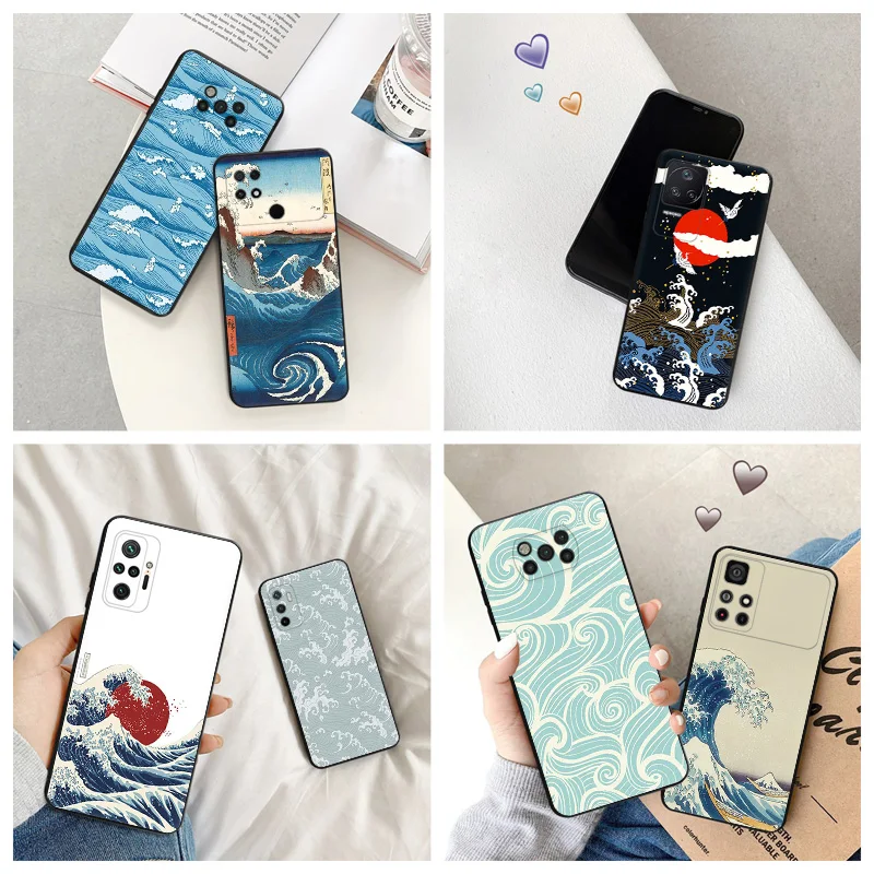 Silicone Black Phone Case for Xiaomi Poco C61 F5 F4 GT F3 F1 X4 X3 X5 M3 M4 Pro M5 C51 C50 C40 The Great Wave off Kanagawa Cover