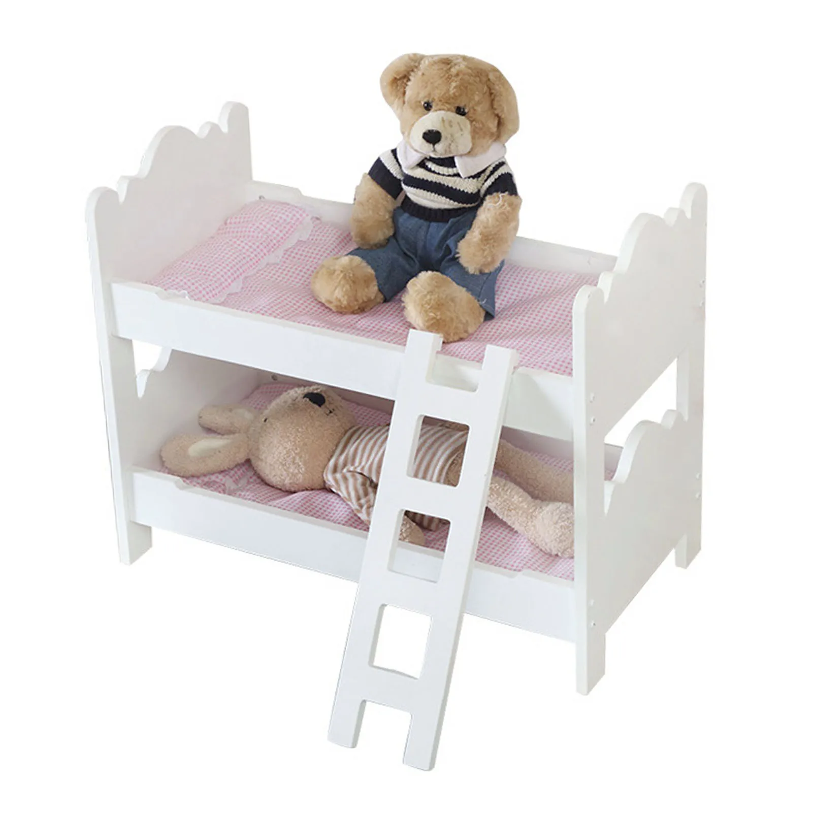 

Baby Doll Bunk Bed Heavy-duty for 18 Inch Dolls Easy Assembly Girl's Birthday Gift Play Bunk Bed Wooden with Ladder Pink Bedding
