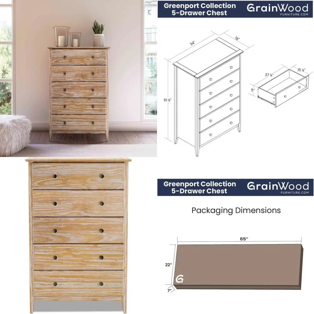 5-drawer solid wood chest in brushed driftwood finish