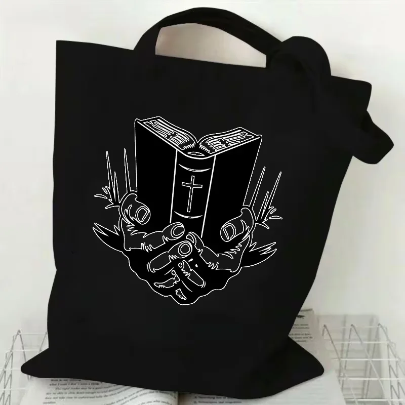 Hands Holding Bible Cross Line Art Print Black Canvas Tote Bag Reusable Shoulder Bag Daily Travel Shopping Gift