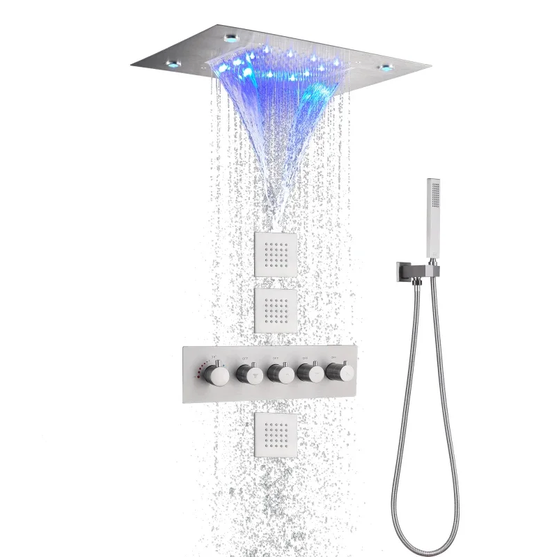 Ceiling Embedded Waterfall Rain 14 X 20 Inch LED Shower System Brushed Nickel Bathroom Thermostatic Shower Set