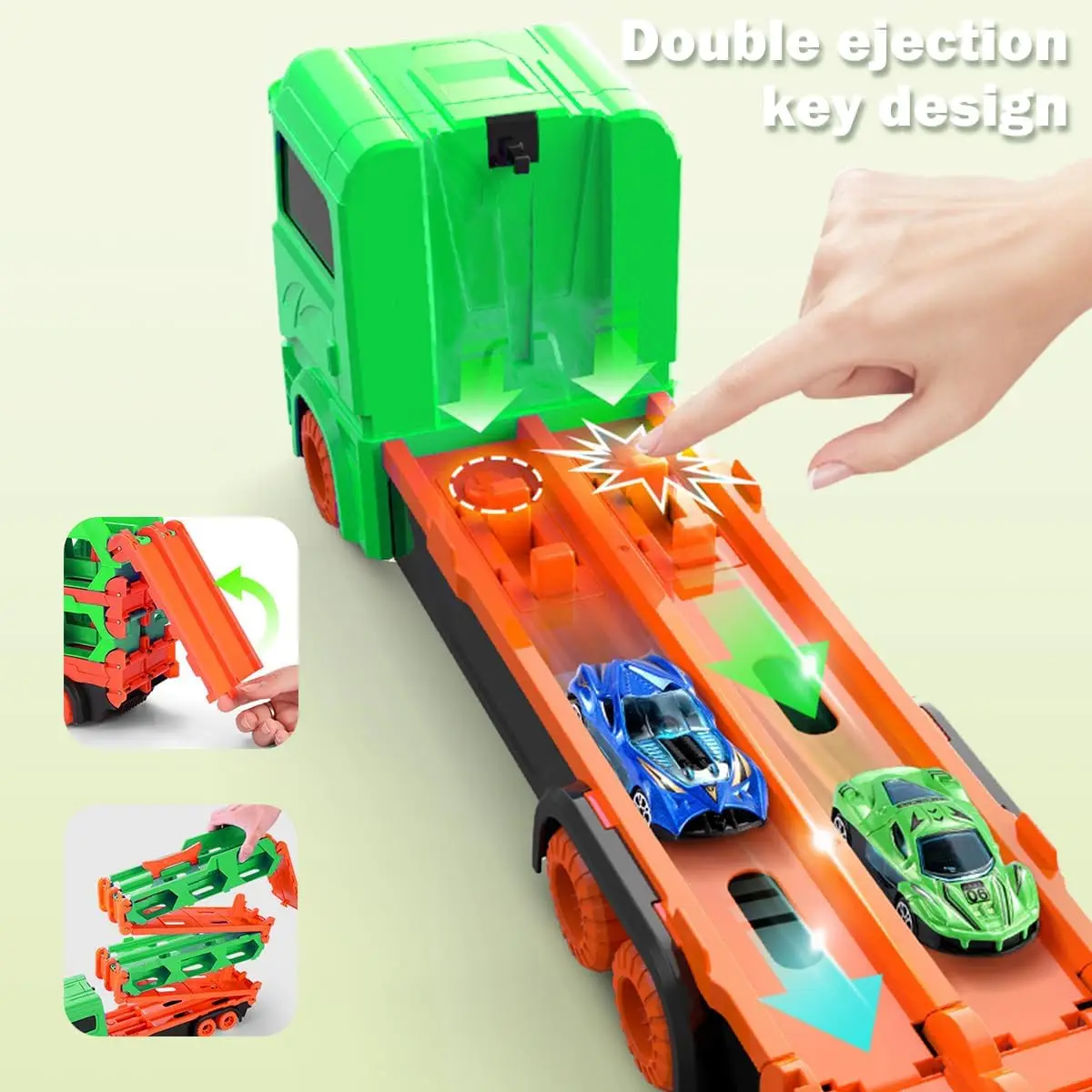 VATOS-camión expandible de 1,65 m, 6 coches de carreras de juguete para niños de 3 años o más, pista de transporte portátil, vehículo, juego de