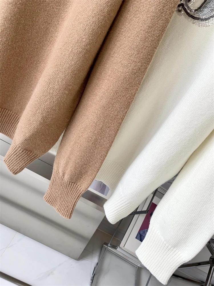 New 2024 High Quality Women Sweater Cashmere Pullover Sequin Number O-Neck Loose Fit High Street Chic Stunning Fashion Design MM