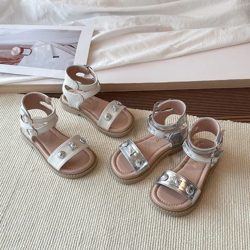 Kids Rhinestone Roman Sandals Summer New Girls Open Toe Sandals for School Outdoor Princess Non-slip Children Gladiator Sandals