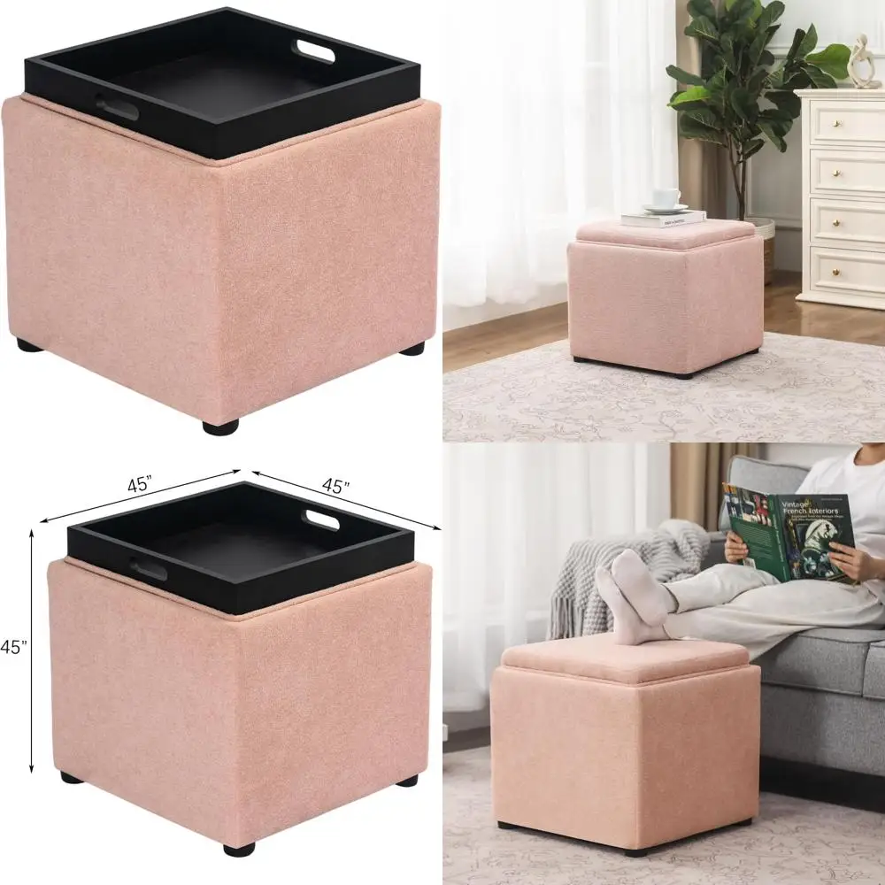 

Современный пуфик для хранения розового куба с подносом, идеально подходит для общежития и спальни.