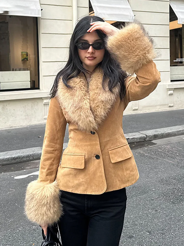 HH Woman Long Sleeves Single Breasted Pocket Decoration Removable Fur Lapels Suede Suit Coat Female Leisure Coat
