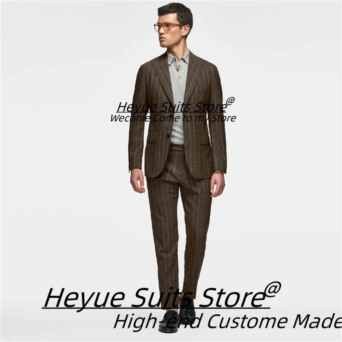 

French style Stripe Men Suits Customized Slim Fit Peak Lapel Groom Wedding Tuxedos 2 Pieces Sets Male Party Blazers Ropa Hombre