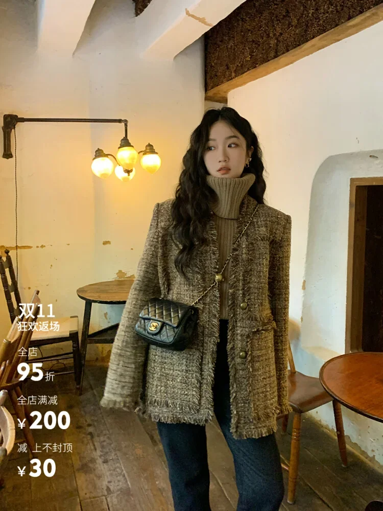 

Women Fashion Design Small Fragrance Long Sleeve Pockets Long Coat Outwears Korean New High Quality Woolen Tweed Tassel Jacket