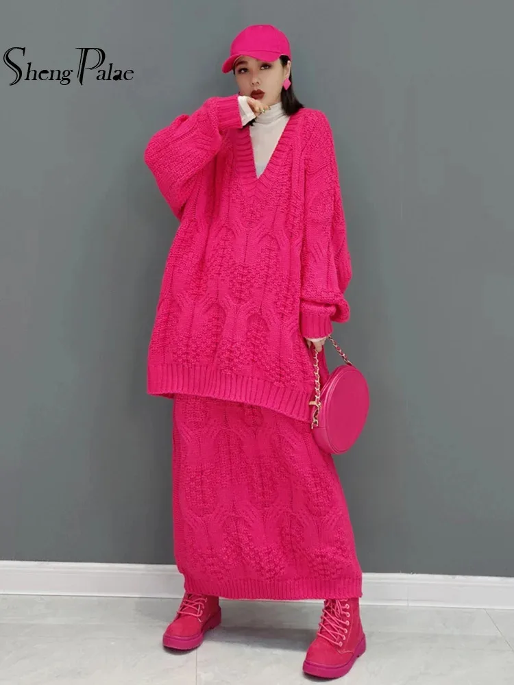 SHENGPALAE Casual Knitted 2 Pieces Set Women V Neck Full Sleeve Long Sweater + Skirt Loose Female Fashion New 2024 Sets 5G217