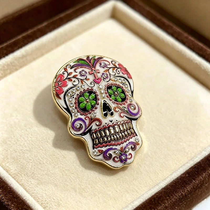Mexican Day of The Dead Sugar Skull Brooch Colorful Flower Rhinestone Alloy Pin Halloween Accessory