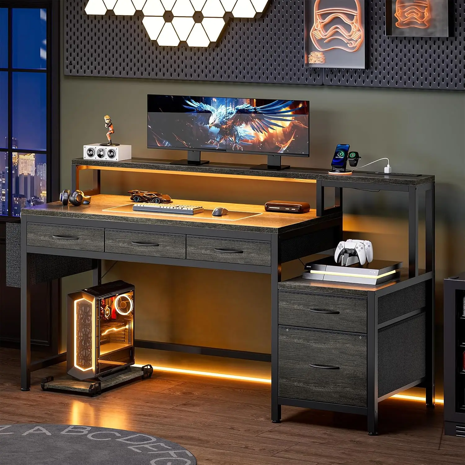 61 Inch 5 Drawers Grey Oak Reversible Gaming Desk, Customized