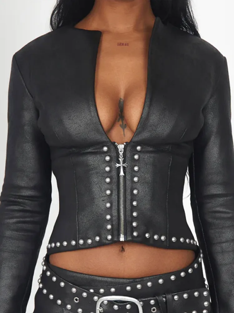 Fashion Rivet Decor Pu Leather Jacket Skirts Suit Women Zippers Female Waist-Closed Top Mini Skirt 2026 Autumn Lady 2 Pieces Set view 3