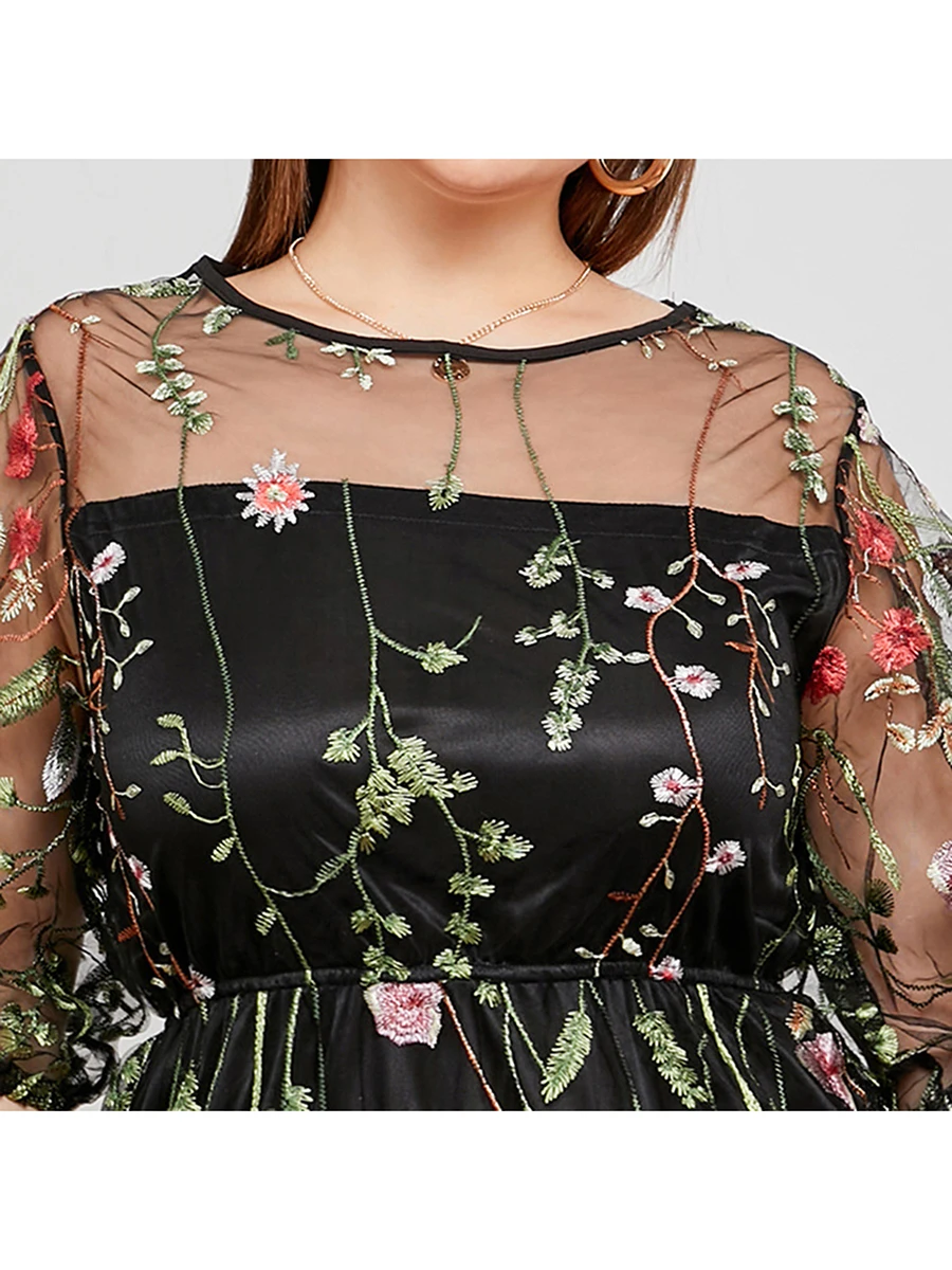 Dames kanten maxi-jurk off-shoulder bloemen geborduurd korte mouw V-hals plus size avondfeest elegante jurk