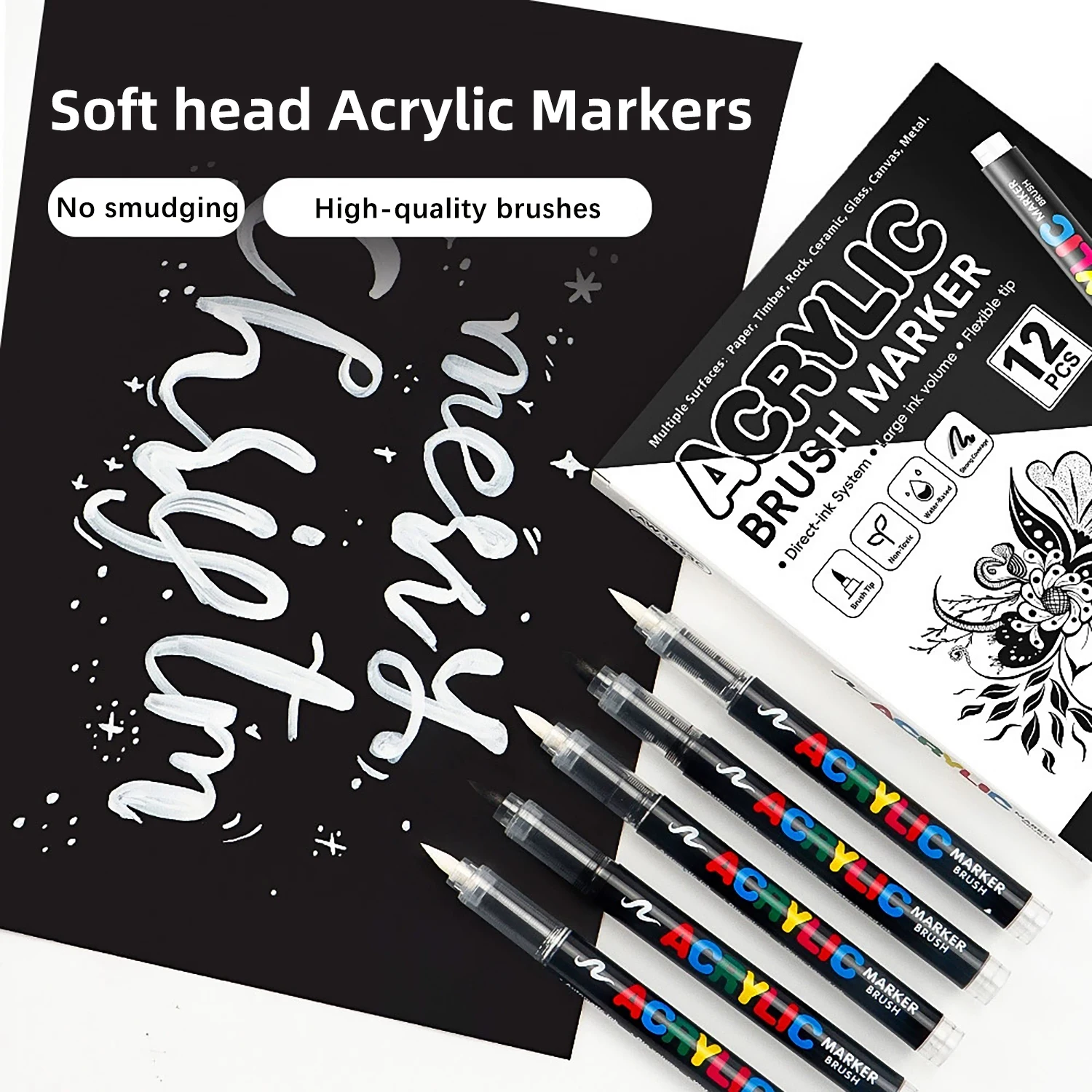 طرف فرشاة لعلامات طلاء الأكريليك، 12 قطعة من أقلام التحديد الأكريليك ذات الطرف الناعم باللونين الأبيض والأسود مع نظام التحكم في الحبر السائل المباشر، القماش، إلخ