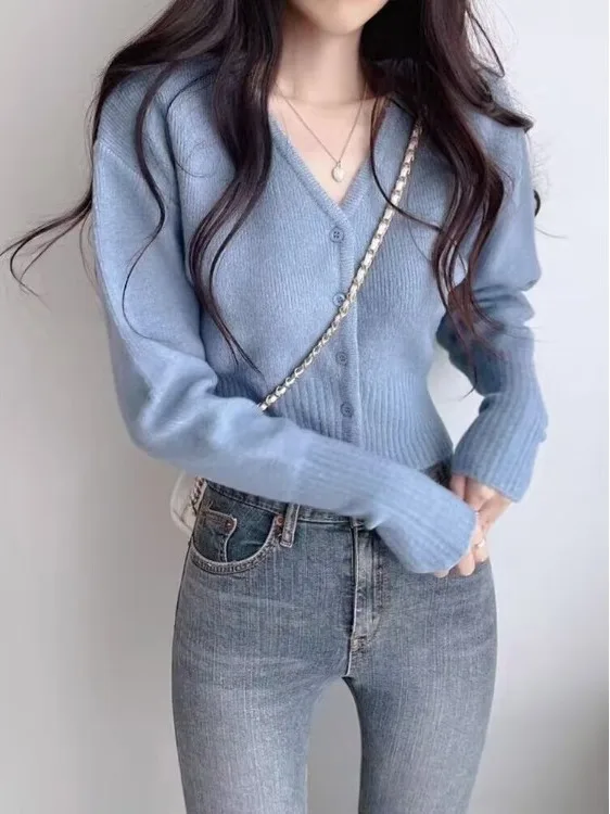 

Раннеосенний вязаный кардиган с V-образным вырезом для женщин, приталенный, с эффектом утяжки талии, модный, для повседневной носки, с длинными рукавами