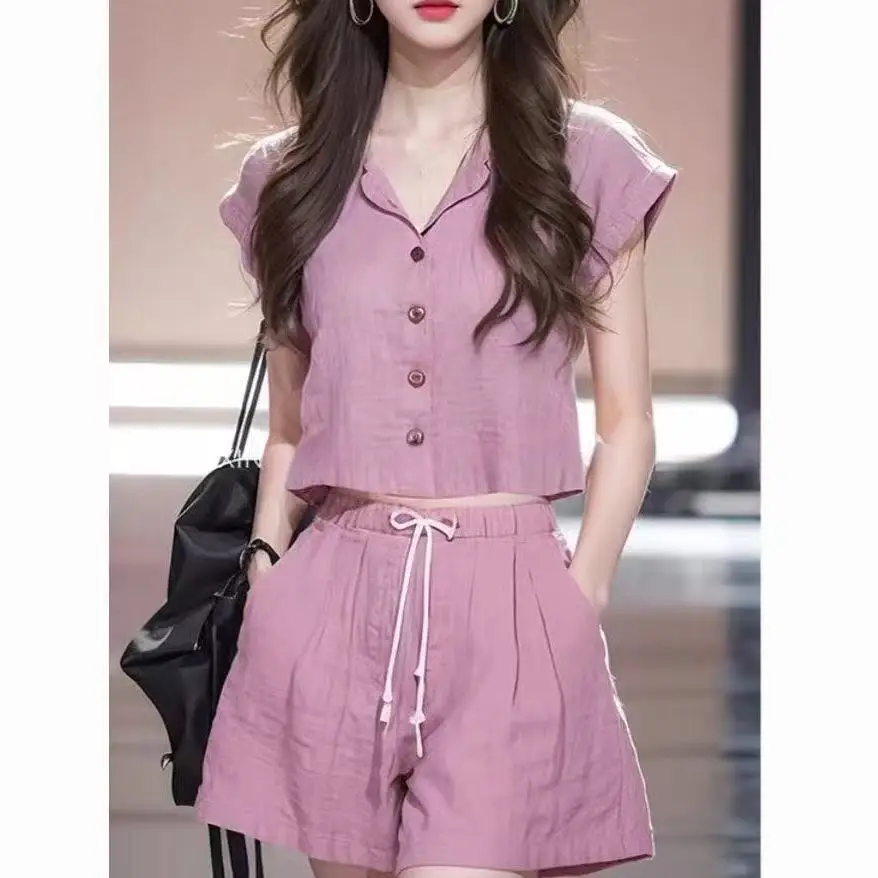

Korean Fashion Casual Top + Elegant Versatile Drawstring Simple Short Pants Women Summer Sweet Casual Solid Color 2 Piece Set
