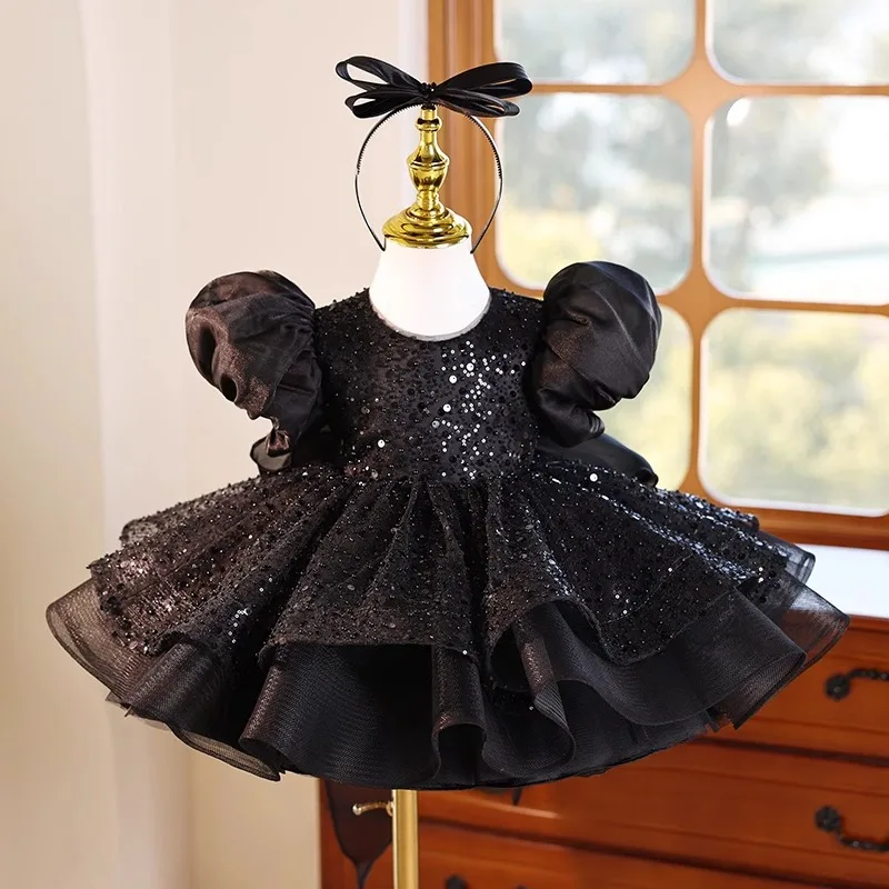 Children's Birthday First Birthday Evening Dress Black French Puff Sleeve Girl's Catwalk Host Piano Performance Princess Dress