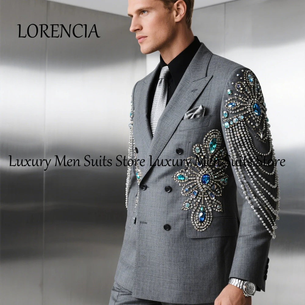 

Luxury Jewelry Male Suits 2 Pieces Double Breasted Tuxedos Beading Crystal Men Prom Blazer Pants Banquet Outfits Customized