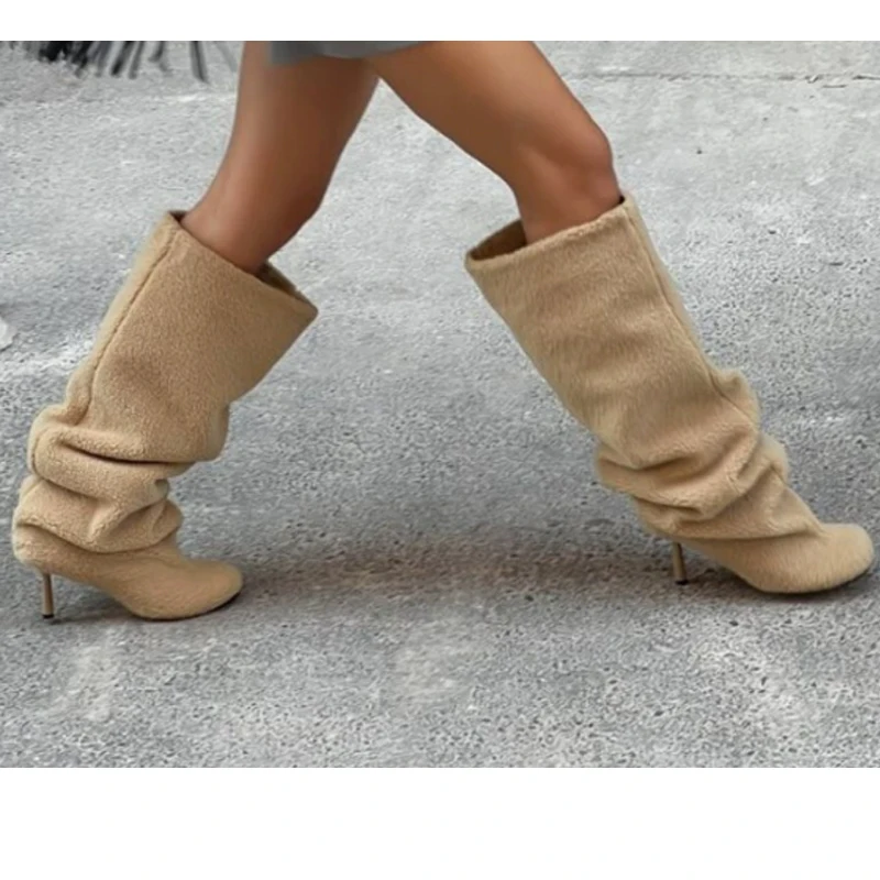 

Beige Fuzzy Lamb Wool Stiletto Knee High Boots Woman Winter 2026 Round Toe High-Heel Slouchy Long Fleece Boots Winter Warm