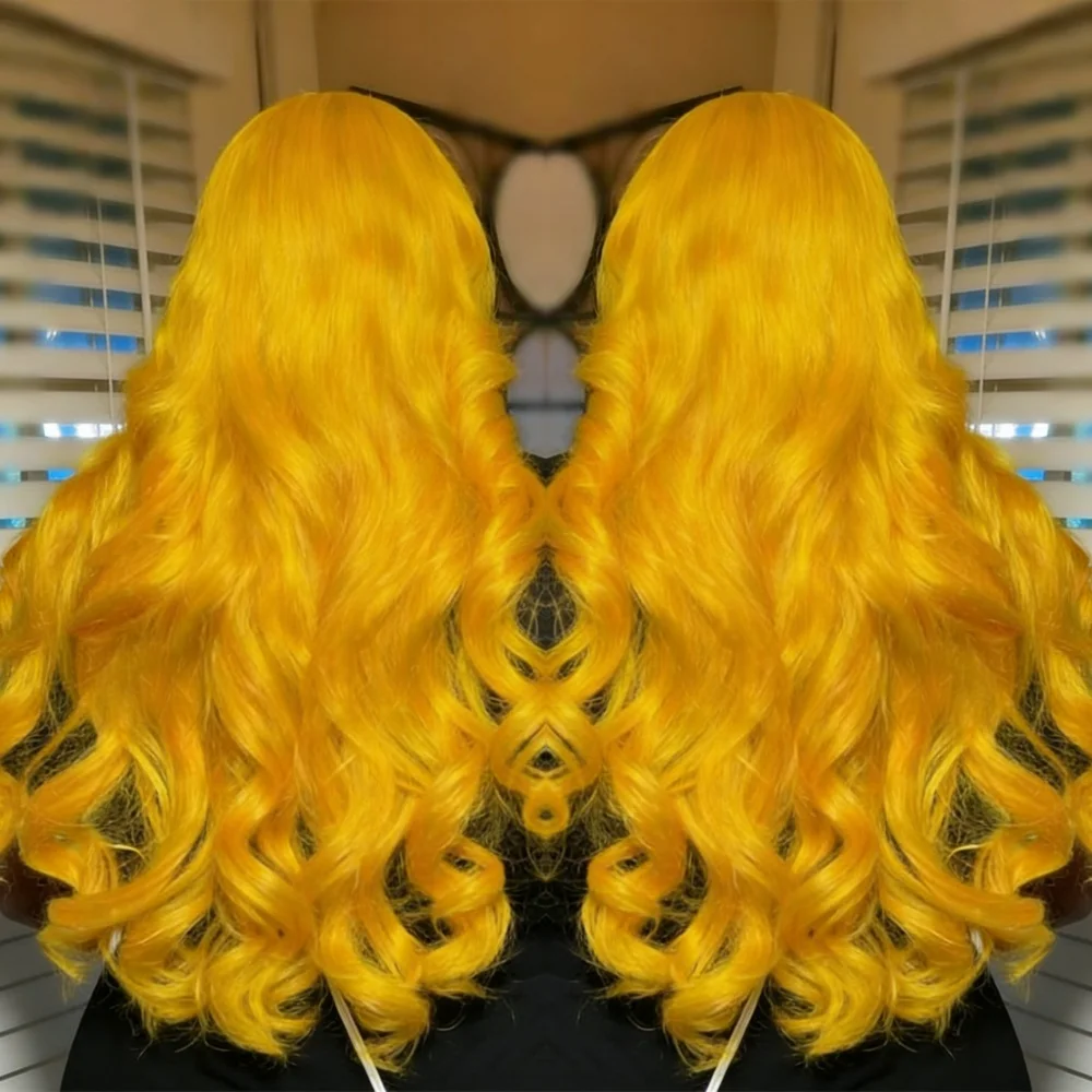 

Желтый парик с волнистыми локонами и кружевной передней частью 13x4 HD, из натуральных человеческих волос, для женщин, с детским волосом, плотность 250%