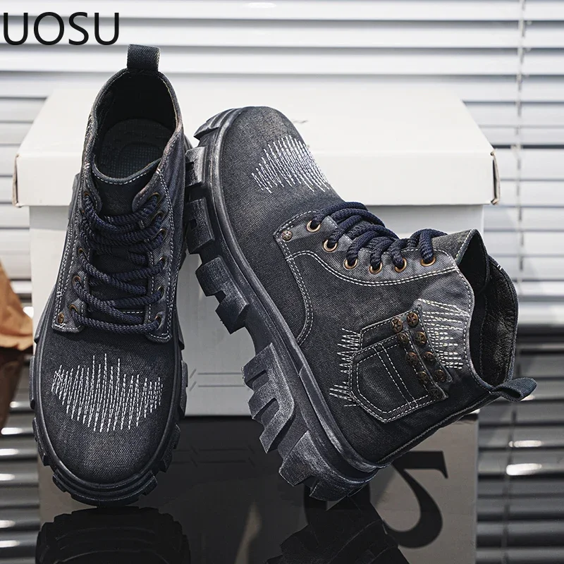 New Men's Boot Motorcyclist Shoe British Style Lace-up High Tops Popular Model UOSO Thick Bottom Trendy Anti-wear Winter Boots