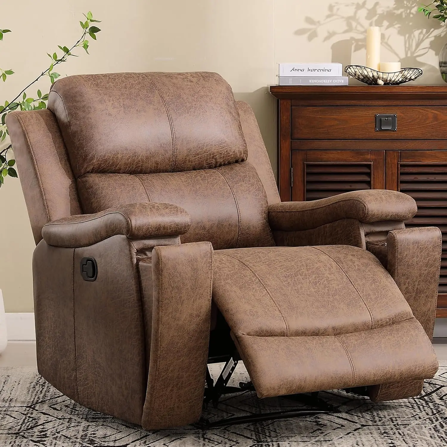 Traditional Leather Recliner with Overstuffed Arms & Back, Concealed Cup Holders, Manual Single Sofa, Nut Brown, Customized