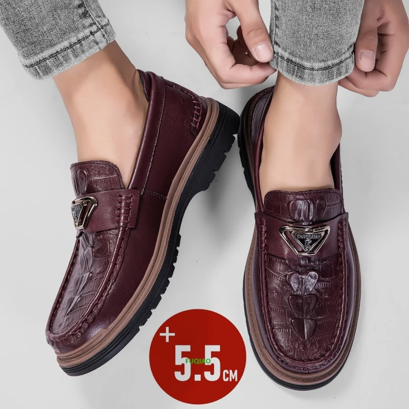 

Классические мужские кожаные лоферы на плоской подошве / туфли-слипоны с увеличением роста на 5,5 см, деловые повседневные офисные туфли с эффектом увеличения роста
