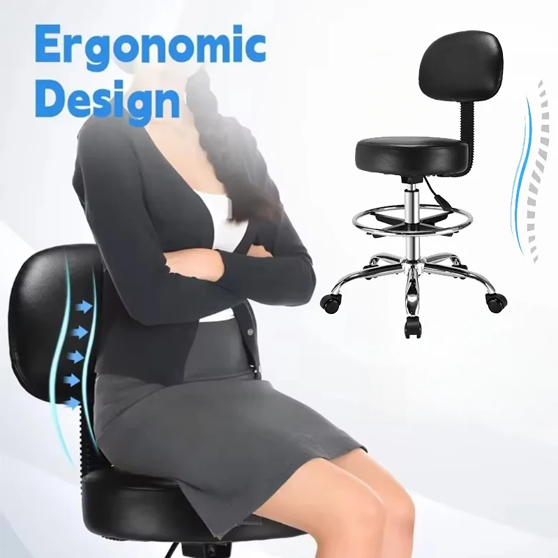 ZErgonomic Rolling Stool With Backrest PU Leather Strap Adjustable Pedal Rotating Round Work Chair Office Bar Stool Lounge Chair