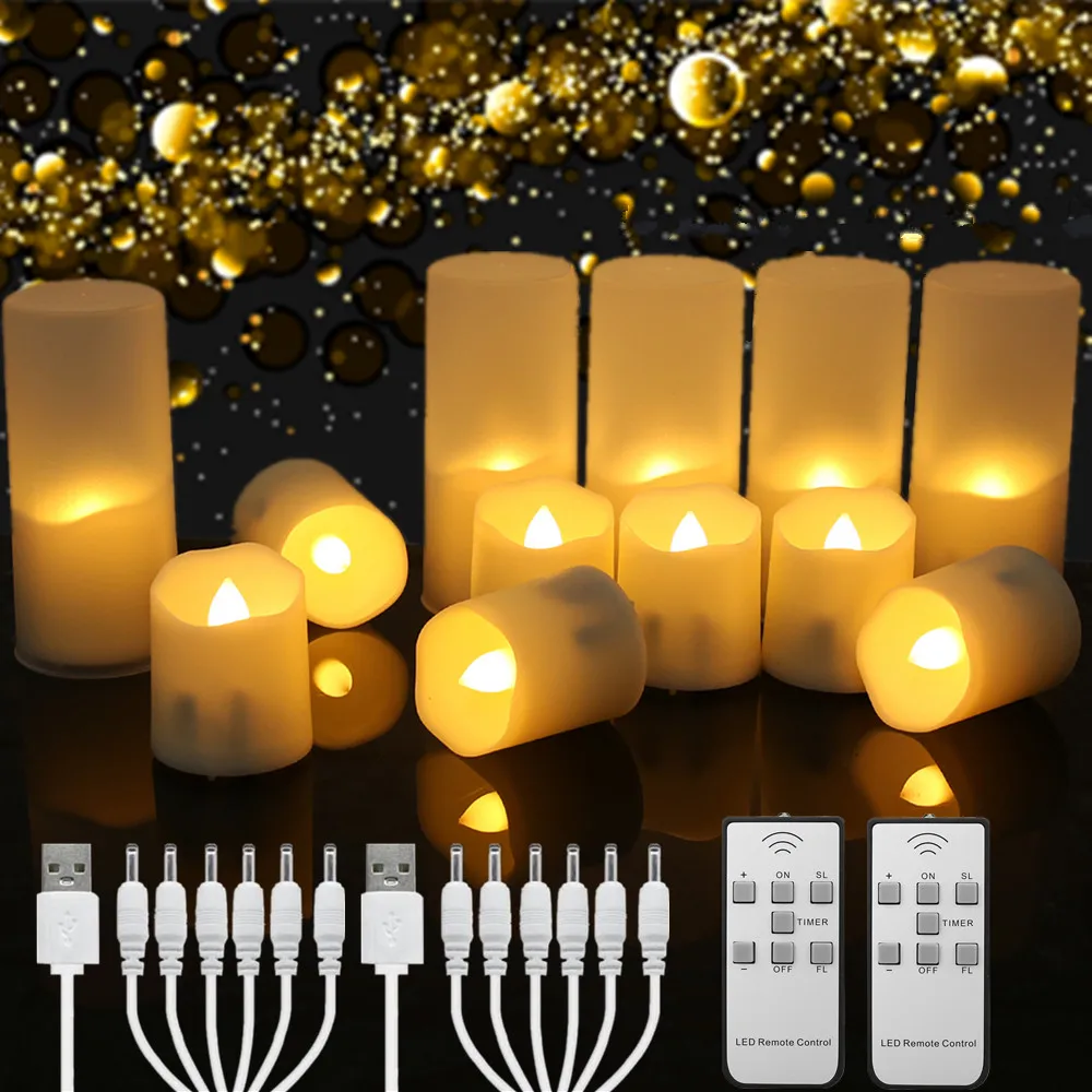 6Pcs/Set Rechargeable LED Candle Timer Remote Flickering Flames Wedding Candles Birthday Decor Tealights USB Charger Candle Lamp